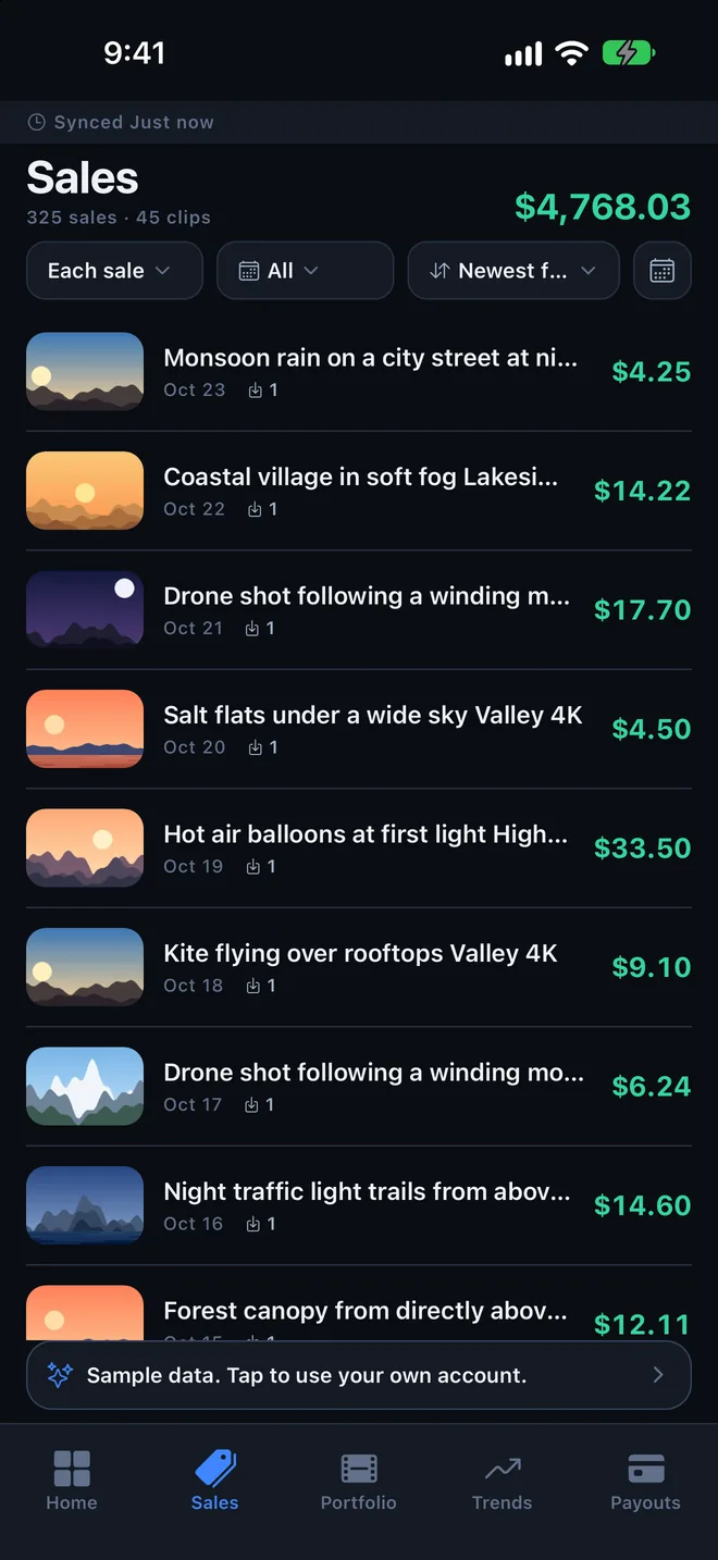 The Sales screen, listing recent sales with clip thumbnails and amounts