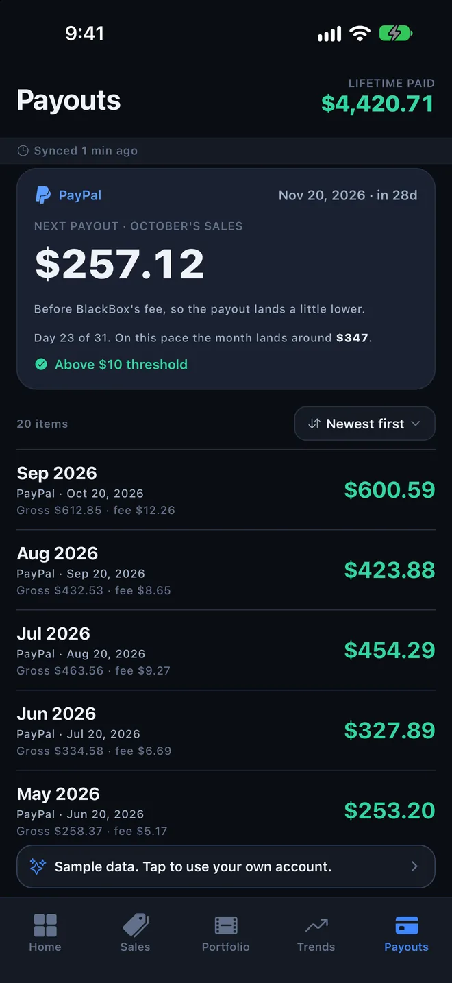 The Payouts screen, with the next payout estimate and past payouts