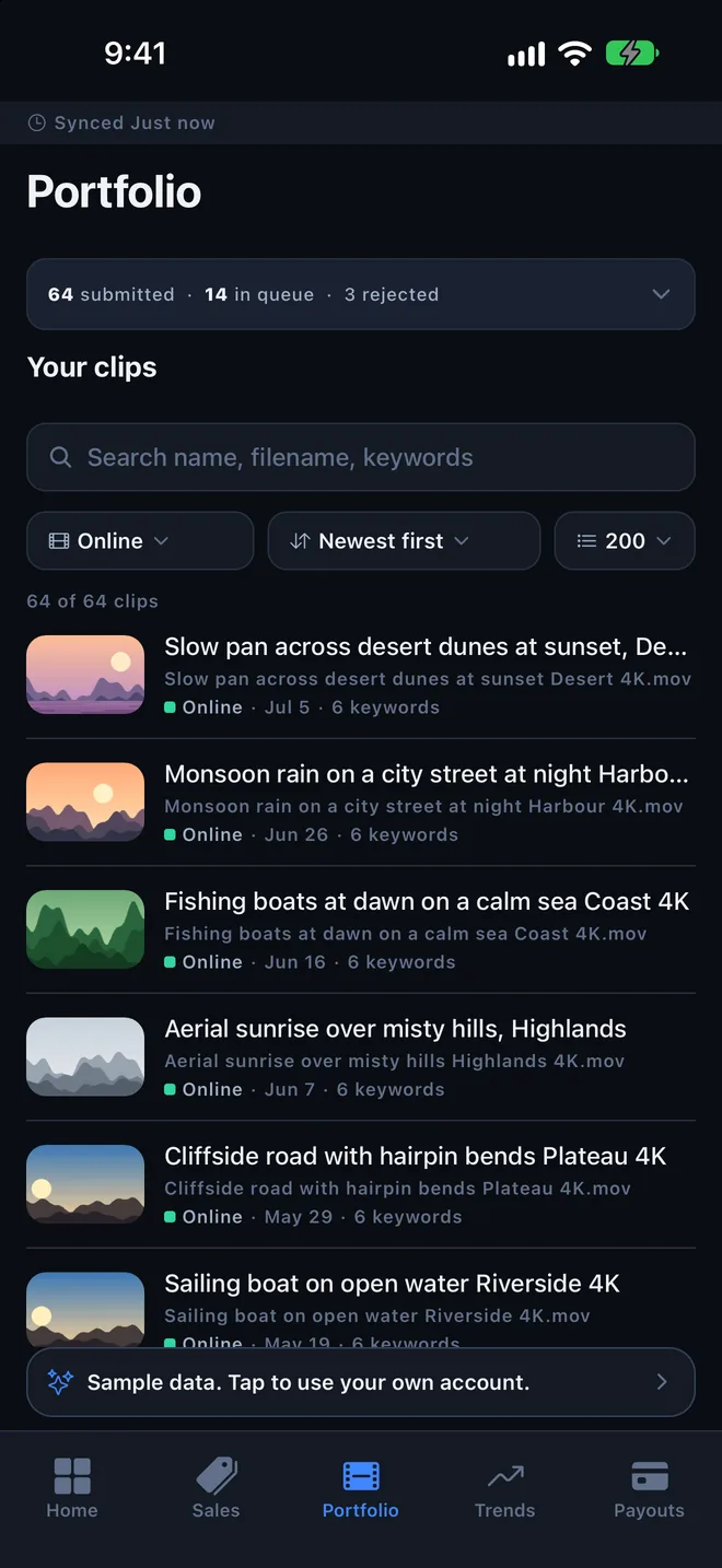 The Portfolio screen, a searchable list of clips with review status