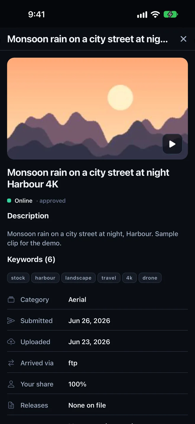 A clip's detail screen, with its keywords and dates